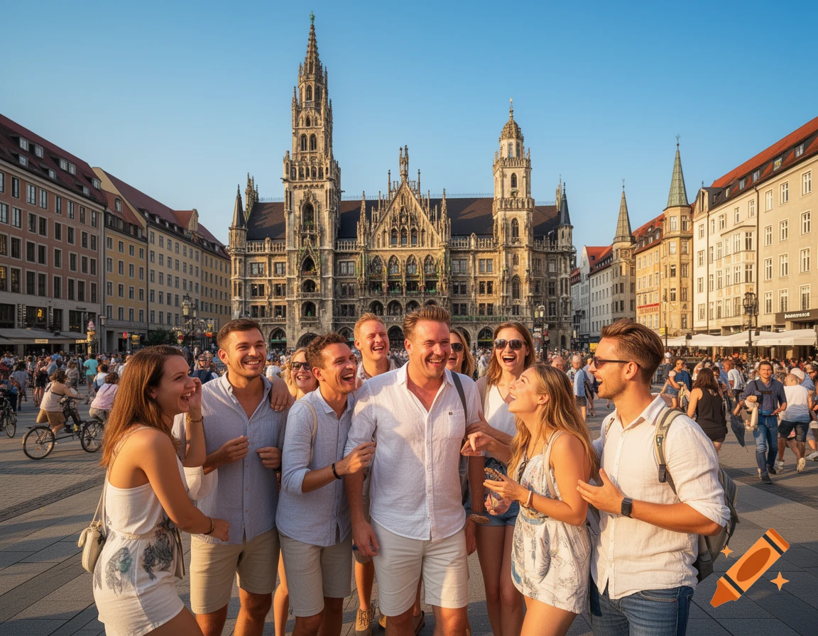 A group of happy friends in a sunny city square, laughing in front of the ornate New Town Hall in Munich.