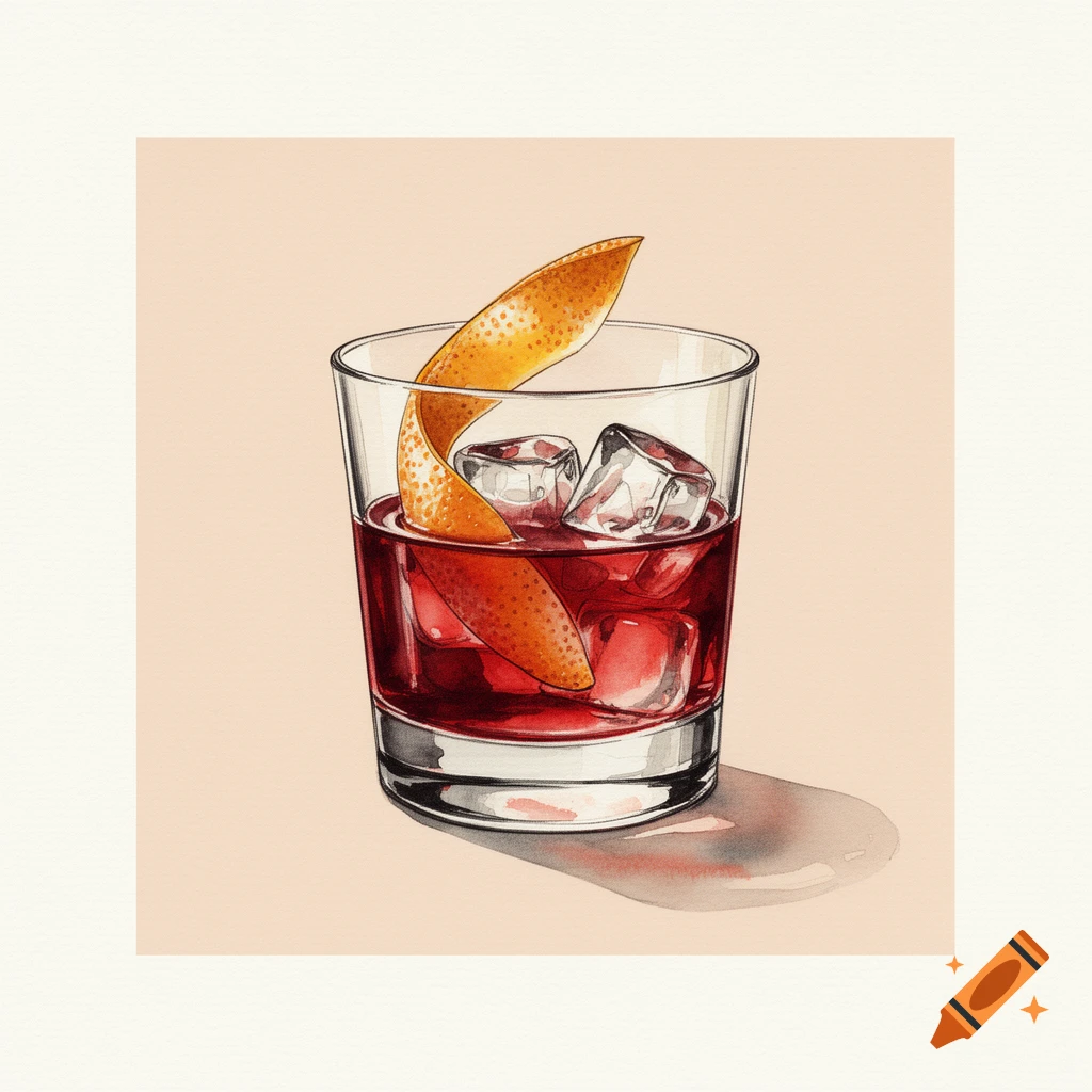 Watercolor illustration of a Negroni cocktail in a rocks glass with ice and an orange peel on a warm background.