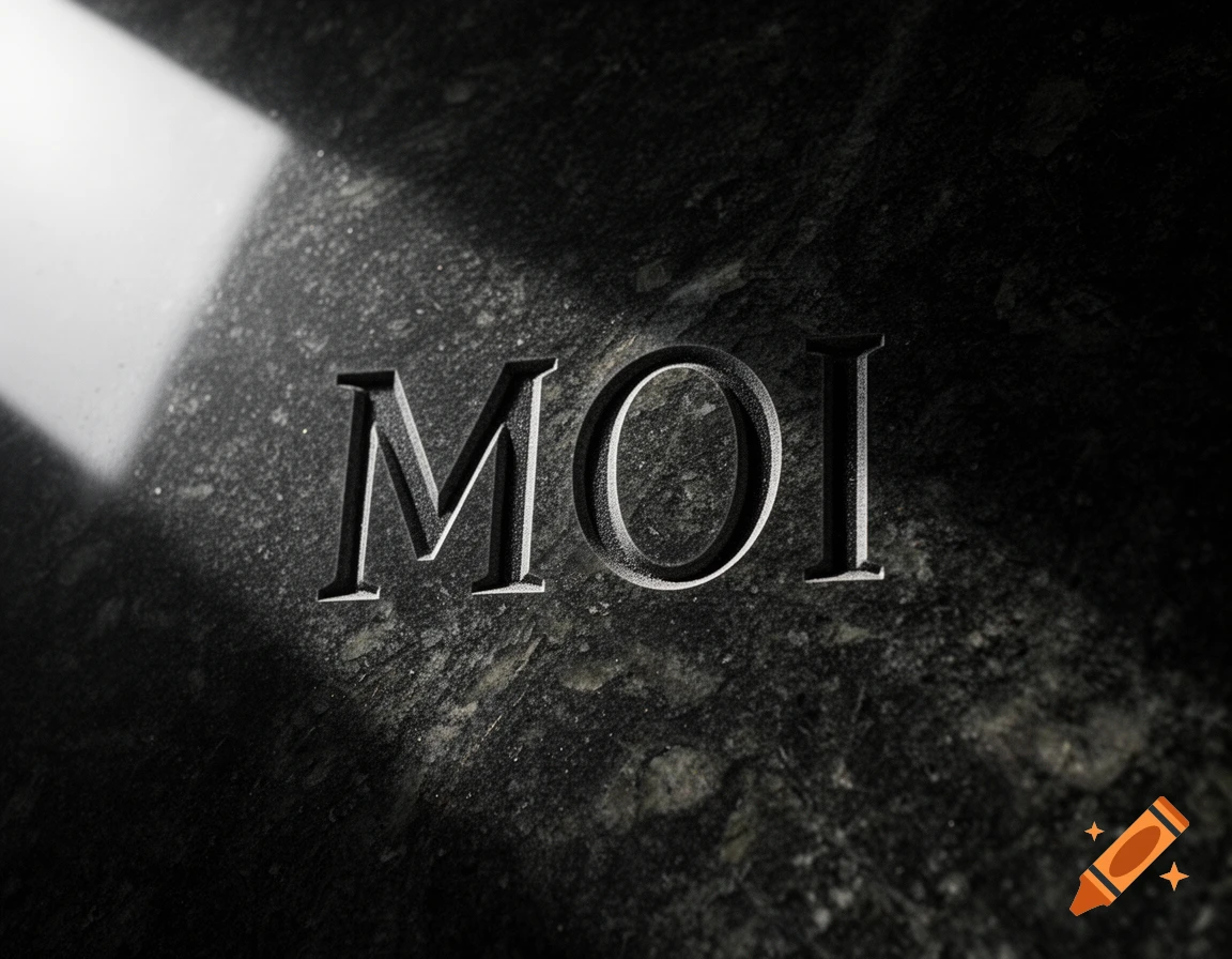The word MOI carved into a dark, textured stone or metal surface, illuminated by a strong, angled light.