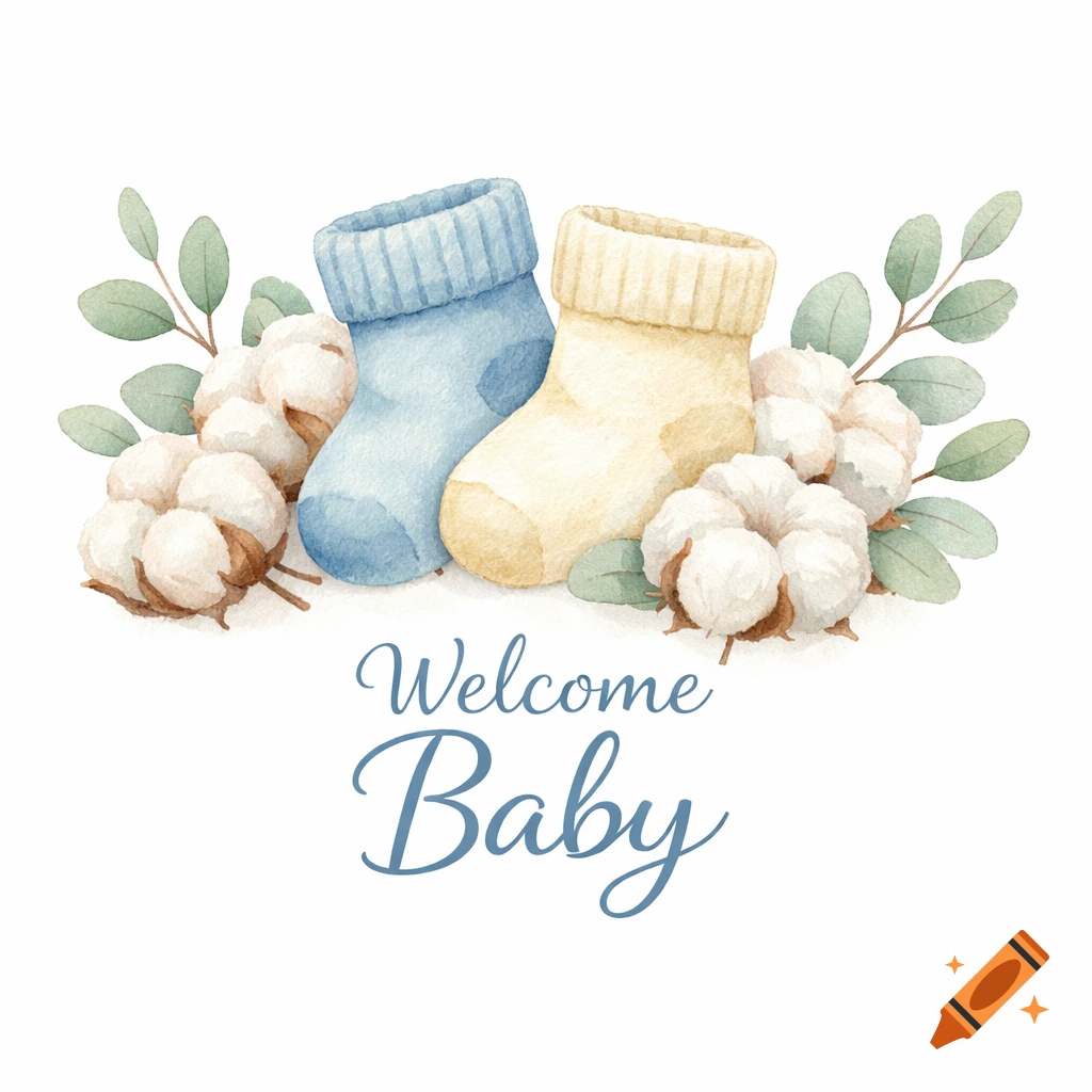 Watercolor illustration of blue and yellow baby socks, cotton plants, and eucalyptus leaves with 'Welcome Baby' text.