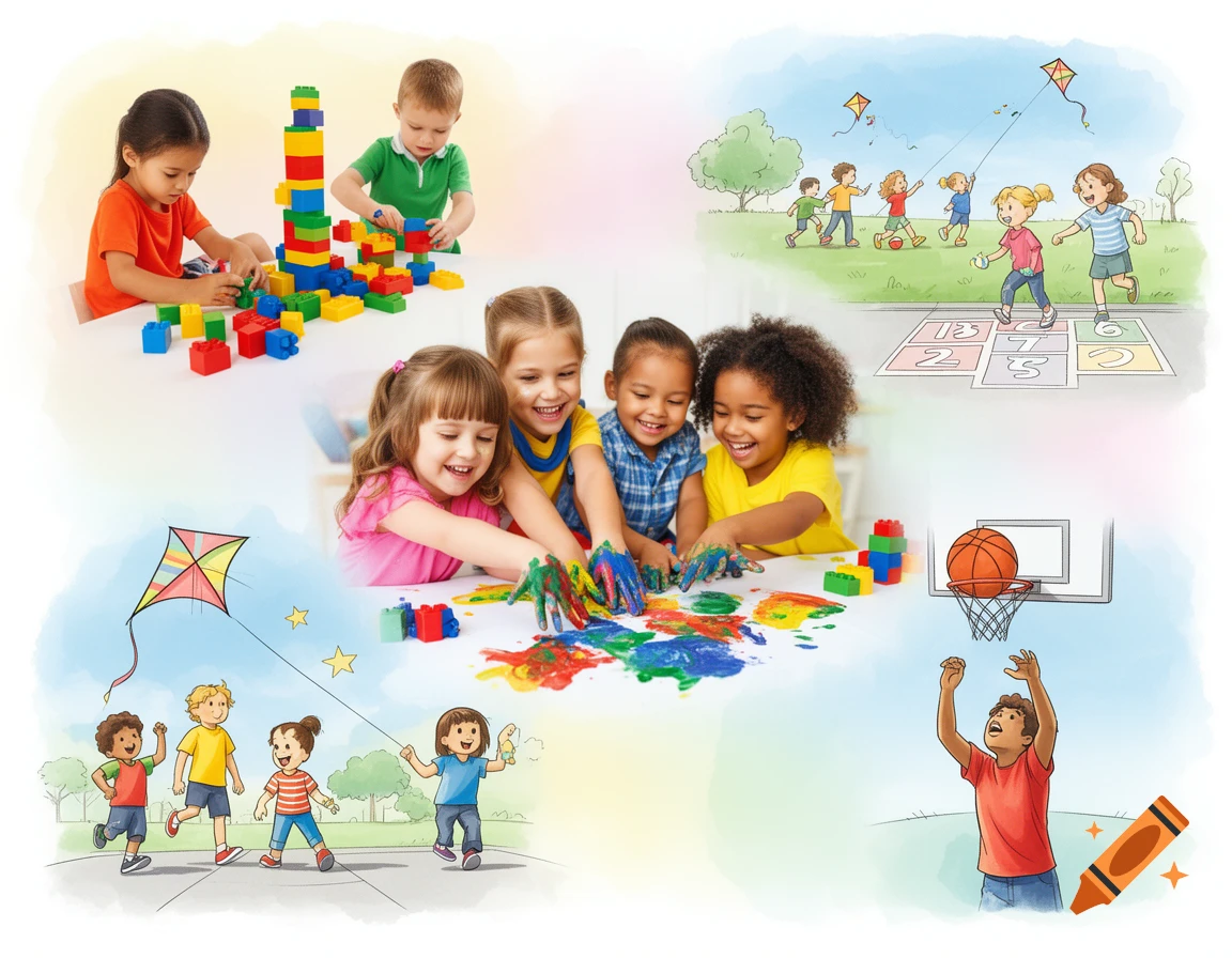 Illustration of children playing various activities including building blocks, finger painting, flying kites, hopscotch, and basketball.