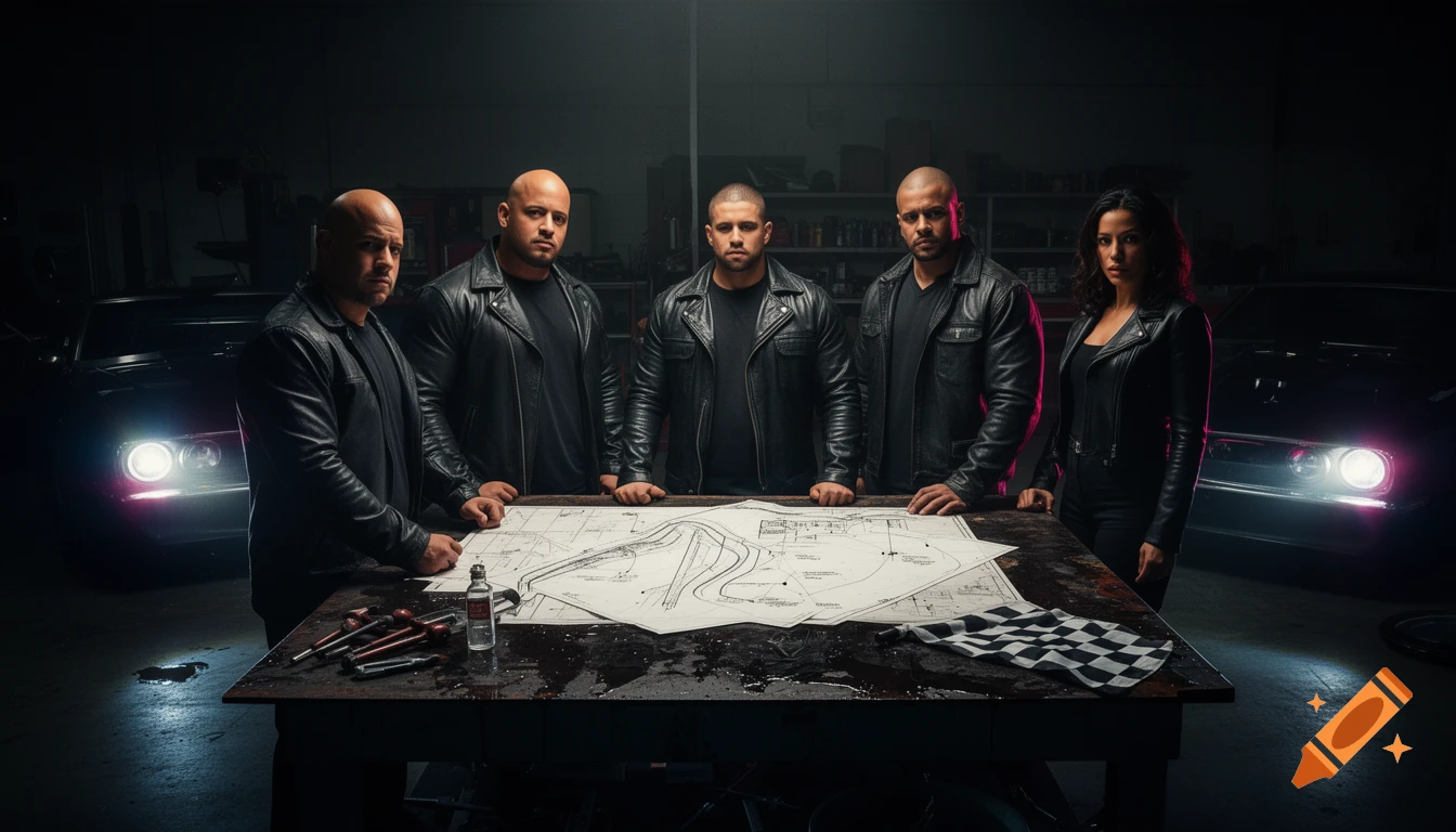 Five people, four men and one woman, in leather jackets stand around a table with blueprints, tools, and a checkered flag in a dark garage with glowing car headlights.