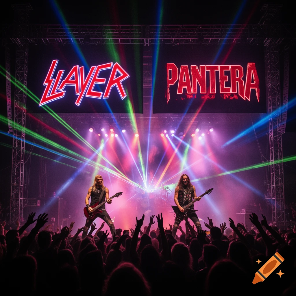 Two guitarists perform on a stage illuminated by colorful laser beams, with 'SLAYER' and 'PANTERA' logos on large screens above, in front of a cheering crowd.