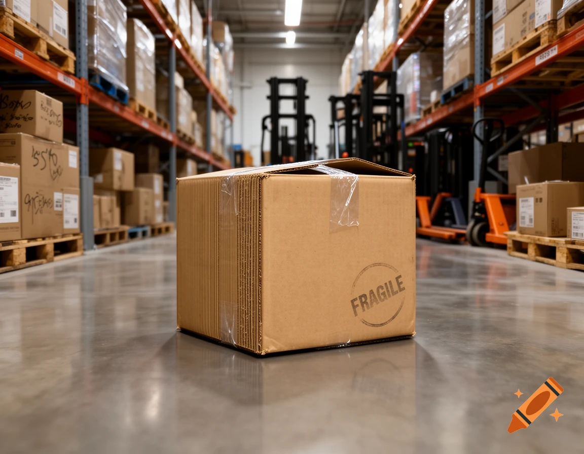A photorealistic image of a cardboard box with "FRAGILE" stamped on it, sitting on a concrete floor in a warehouse.
