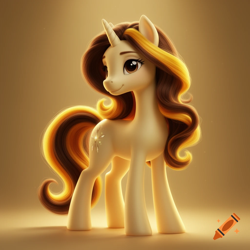 A stylized light cream unicorn with a long brown and yellow mane and tail stands smiling against a warm golden background.