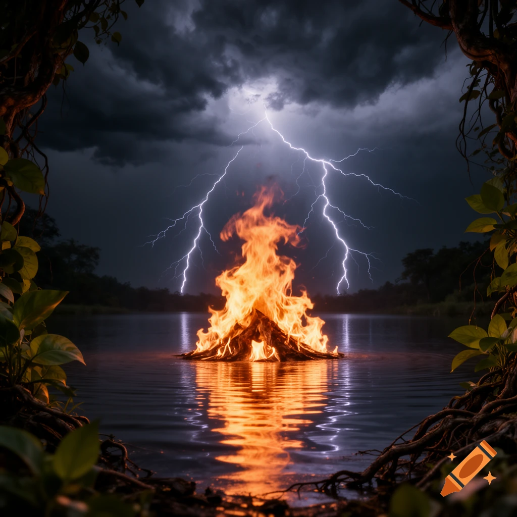 Dramatic bonfire on water under a stormy sky with lightning, framed by dark roots and foliage.