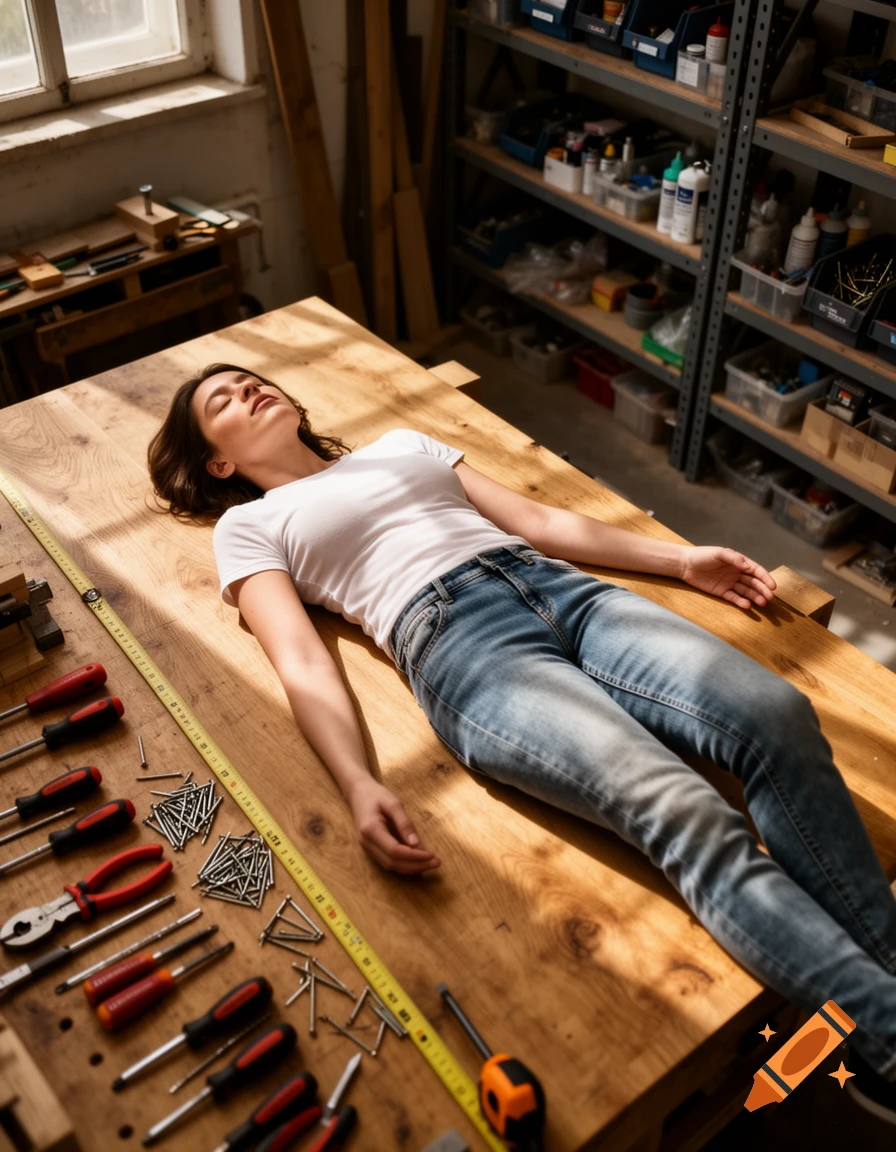 A woman in a white t-shirt and jeans lies on a wooden workbench surrounded by various hand tools in a sunlit workshop.