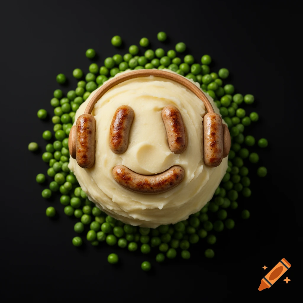 A smiley face made of sausages on a round scoop of mashed potatoes, surrounded by green peas, all on a black background.