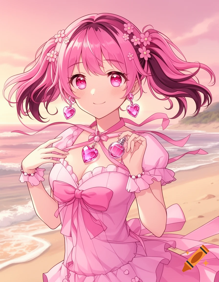 An anime girl with pink pigtails, flowers, a pink dress, and heart earrings holds a pink perfume bottle on a sunset beach.