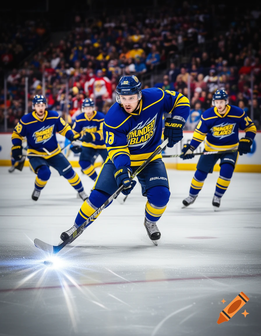 Photorealistic image of hockey players on an ice rink. A player in a blue and yellow "Thunder Blades" uniform skates forward with a glowing stick, with teammates and a blurred crowd in the background.