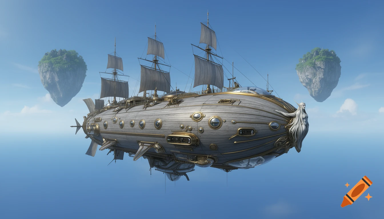 A detailed steampunk-style airship made of grey wood and brass, featuring sails and an elven figurehead, flies between two floating islands in a blue sky.