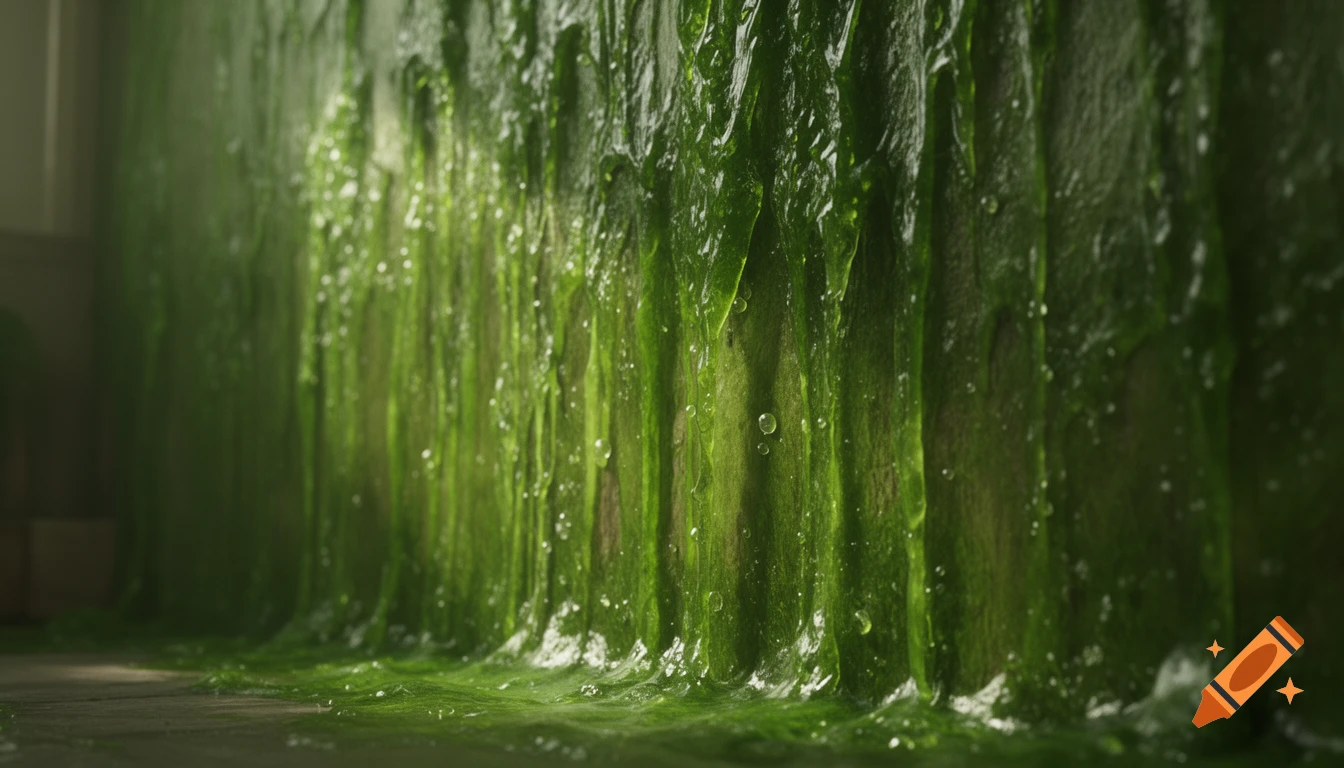 Green slime covers a wall and drips onto the floor in a dark, humid room.