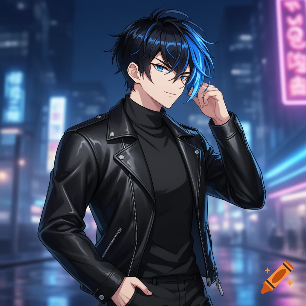 An anime boy with black hair and a blue streak, wearing a black leather jacket and turtleneck, stands in a neon-lit city street.