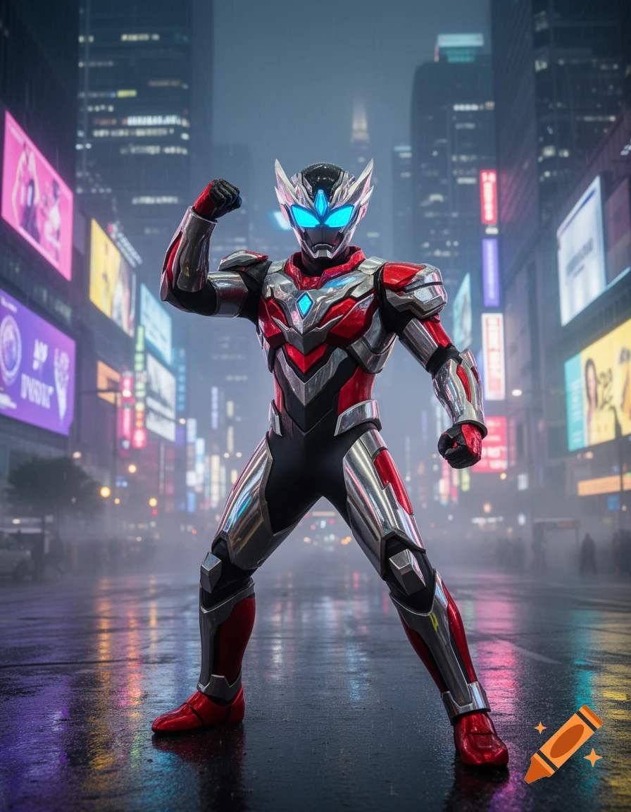 An armored superhero, resembling Ultraman, stands heroically on a wet, neon-lit city street at night.
