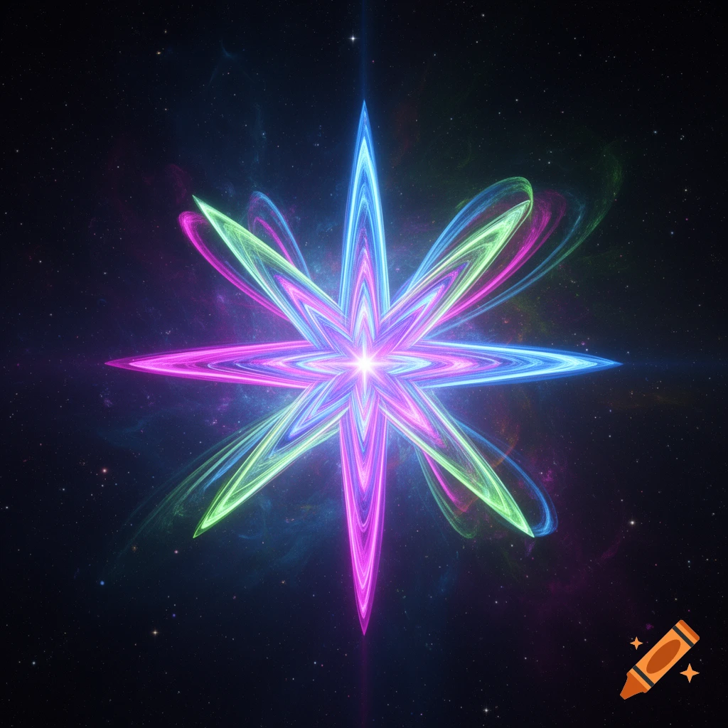A vibrant neon abstract star with pointed rays in shades of pink, blue, and green, set against a dark, starry cosmic background.
