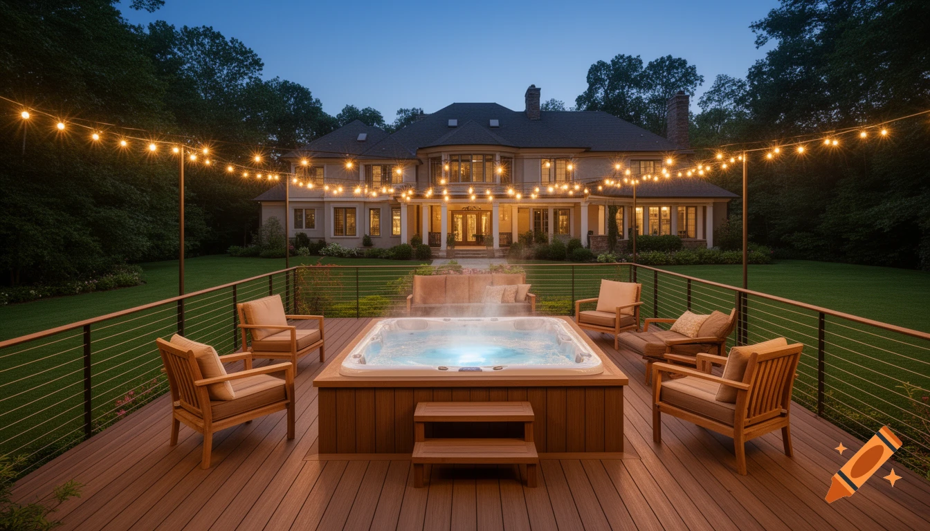 Photorealistic evening view of a luxury deck with a built-in hot tub, teak furniture, and string lights, overlooking a large estate home and lush backyard.