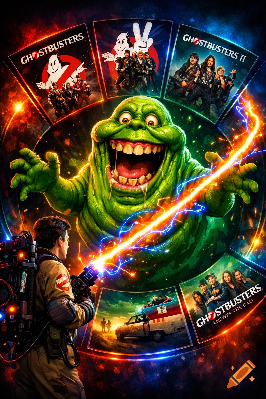 A Ghostbuster aims a proton stream at a grinning Slimer in the center, surrounded by Ghostbusters movie covers.