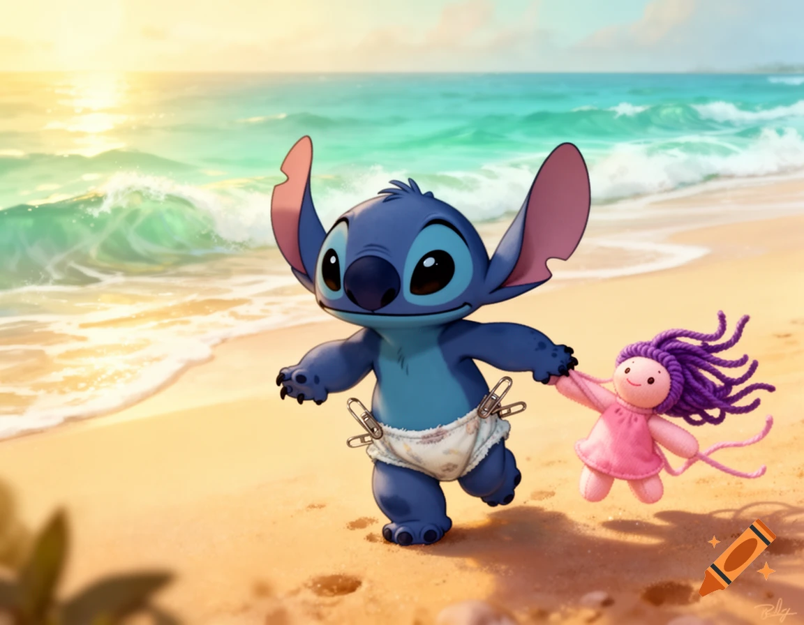 Cartoon character Stitch in a diaper holding a doll on a sunny beach.