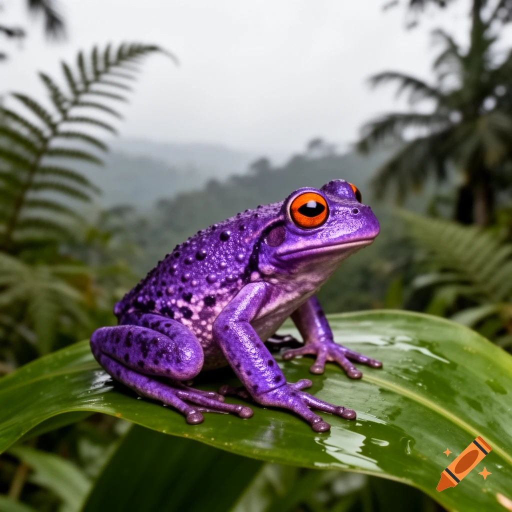 A vibrant purple frog with orange eyes sits on a large green leaf in a lush, misty jungle environment.
