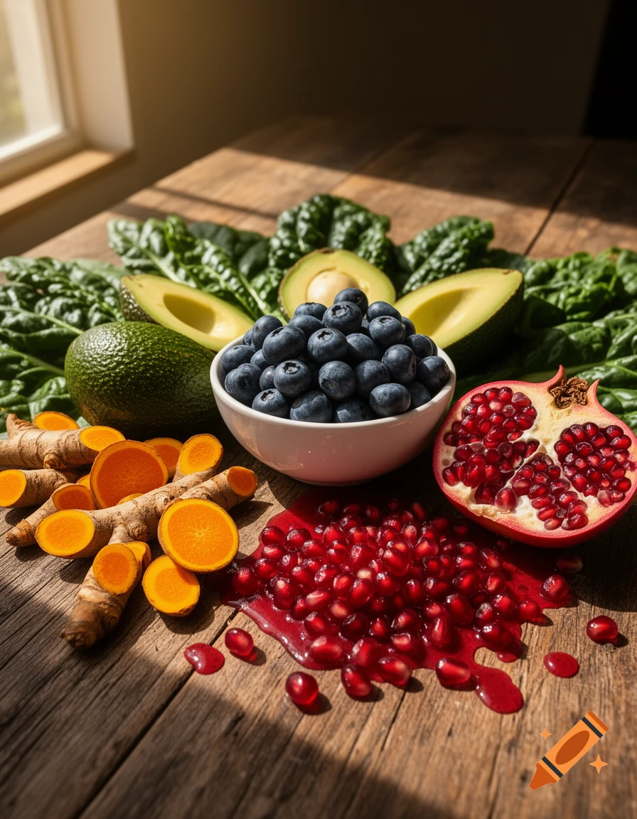 A still life of blueberries, pomegranate, avocado, spinach, and turmeric on a rustic wooden table, bathed in sunlight.