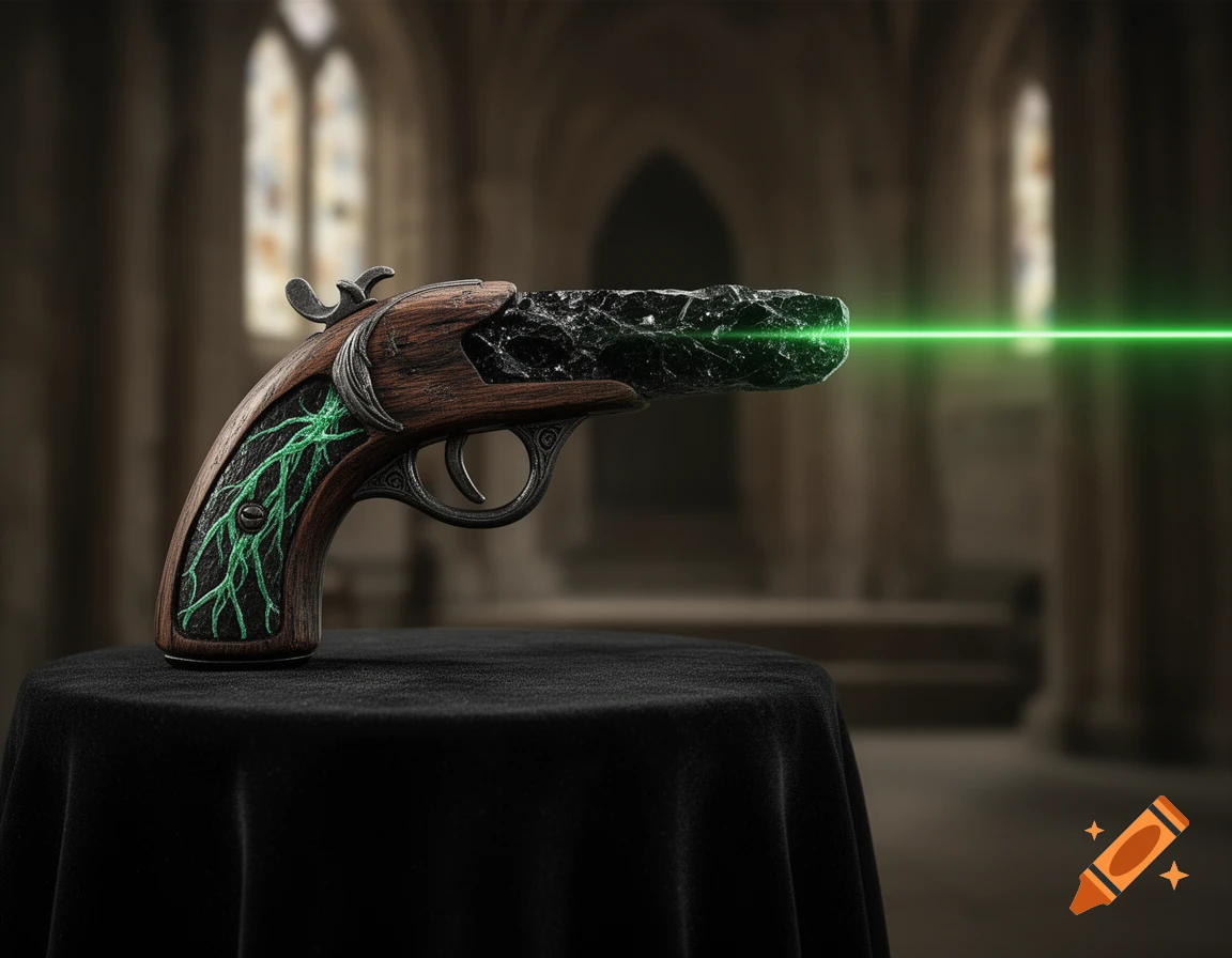 A hyper-realistic fantasy pistol with a dark oak grip, a black crystal barrel emitting a green laser, on a black cloth in an ancient hall.