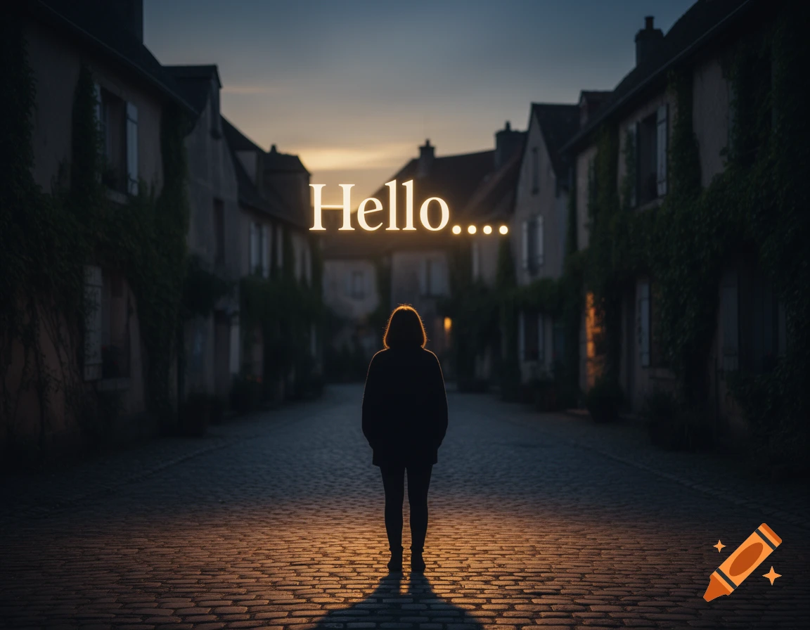 A lone figure stands in silhouette on a cobblestone street, facing glowing text 'Hello....' against a sunset sky and old buildings.