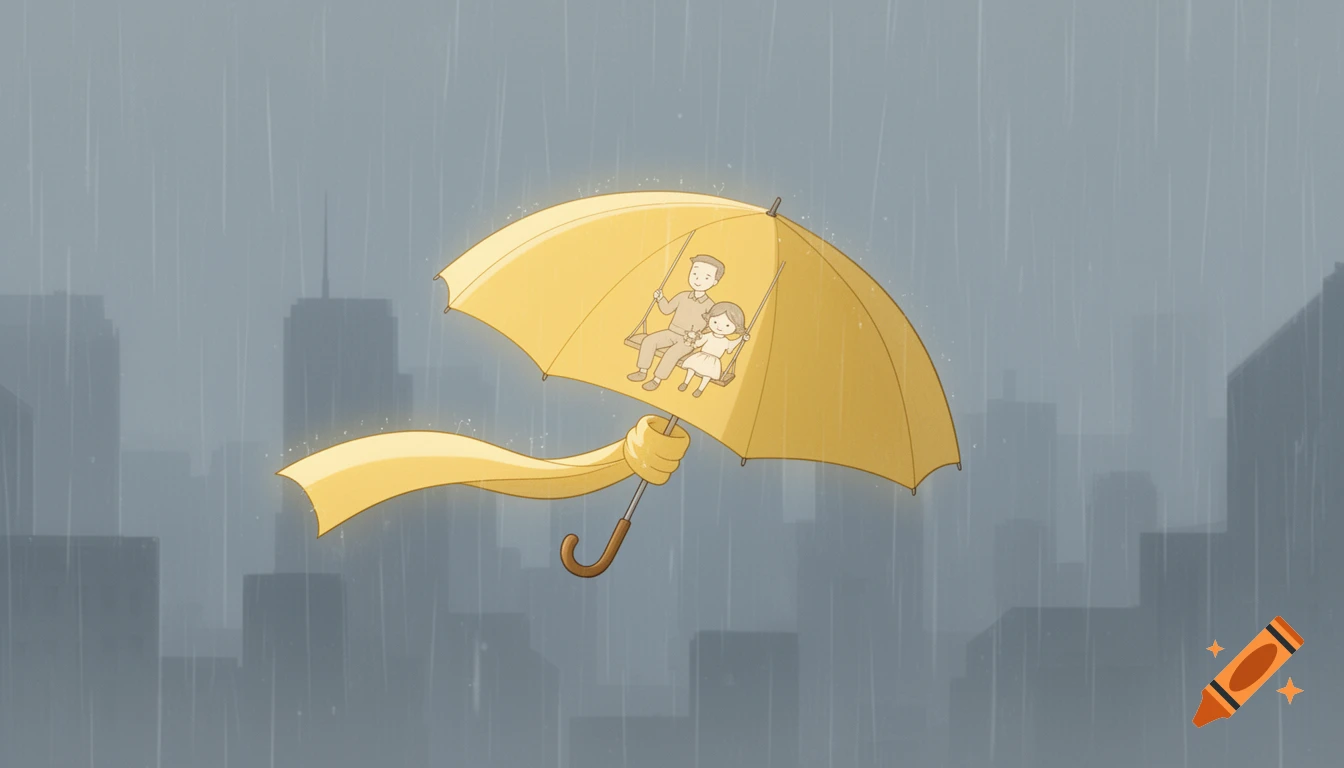 A stylized illustration shows a man and a child on a swing beneath a glowing yellow umbrella, floating over a rainy city background.