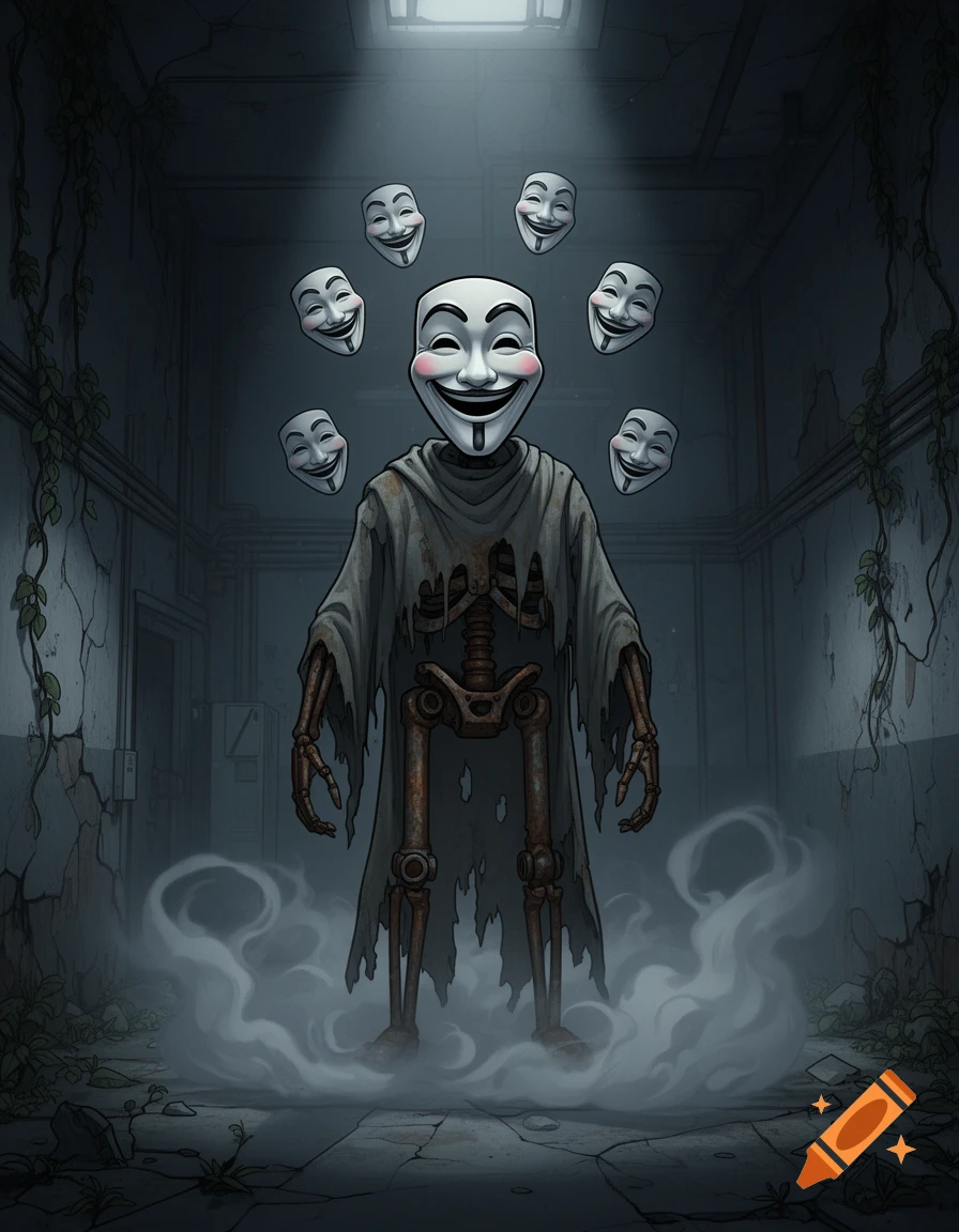 A tall creature with a smiling Guy Fawkes mask and rusted endoskeleton stands amidst floating masks and mist in a dark, abandoned facility, 2D animation style.