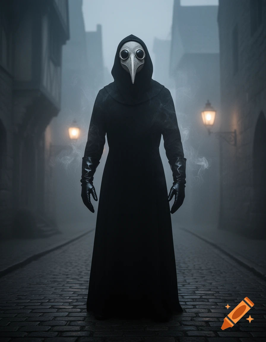 A photorealistic image of a plague doctor in dark robes and a bird-beak mask, standing on a misty, cobbled street at night.