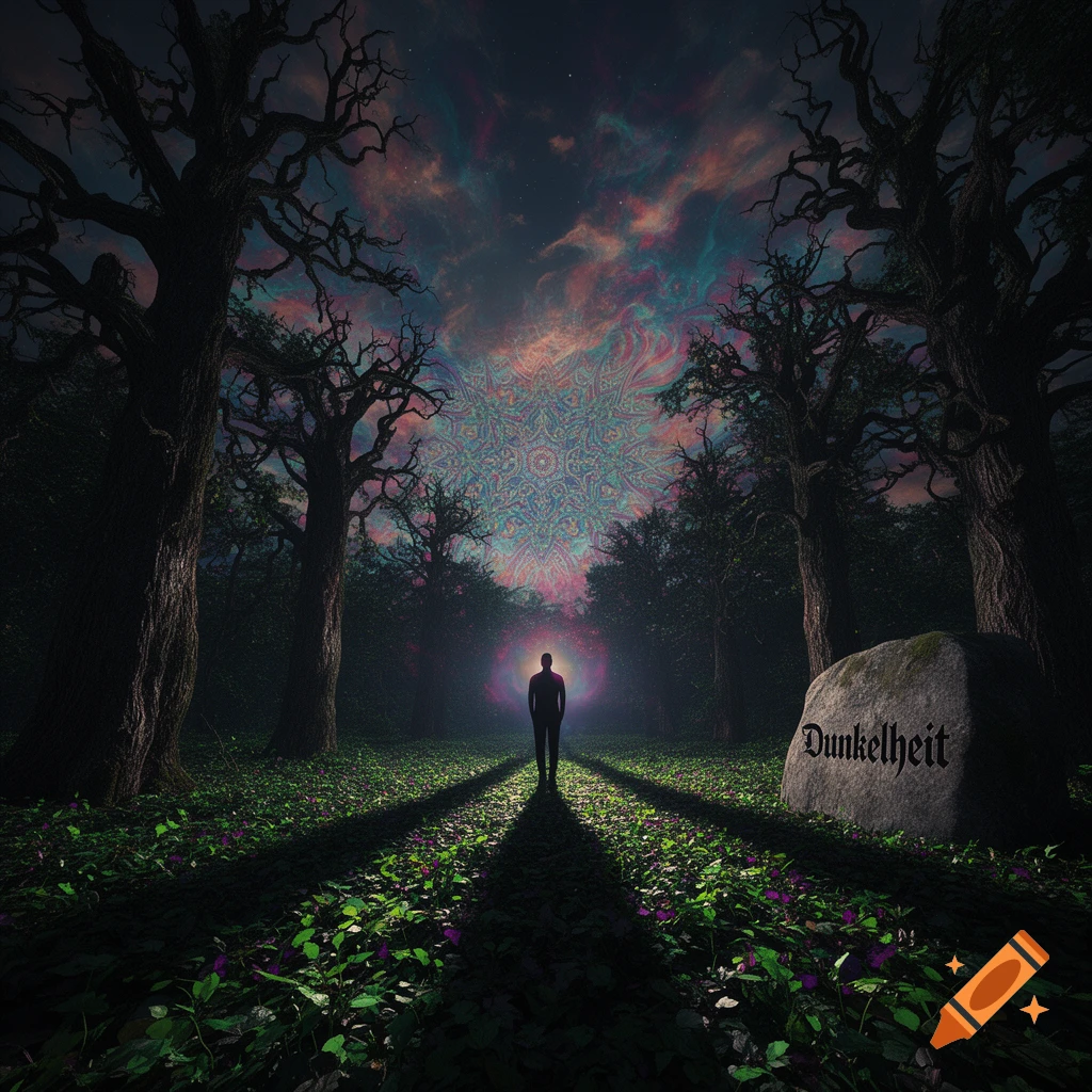 A silhouetted figure stands on a dark forest path under a psychedelic sky, with 'Dunkelheit' carved on a rock.