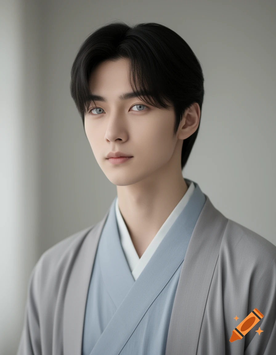 Portrait of a young man with dark hair and light gray eyes wearing a traditional light gray and blue Hanfu.