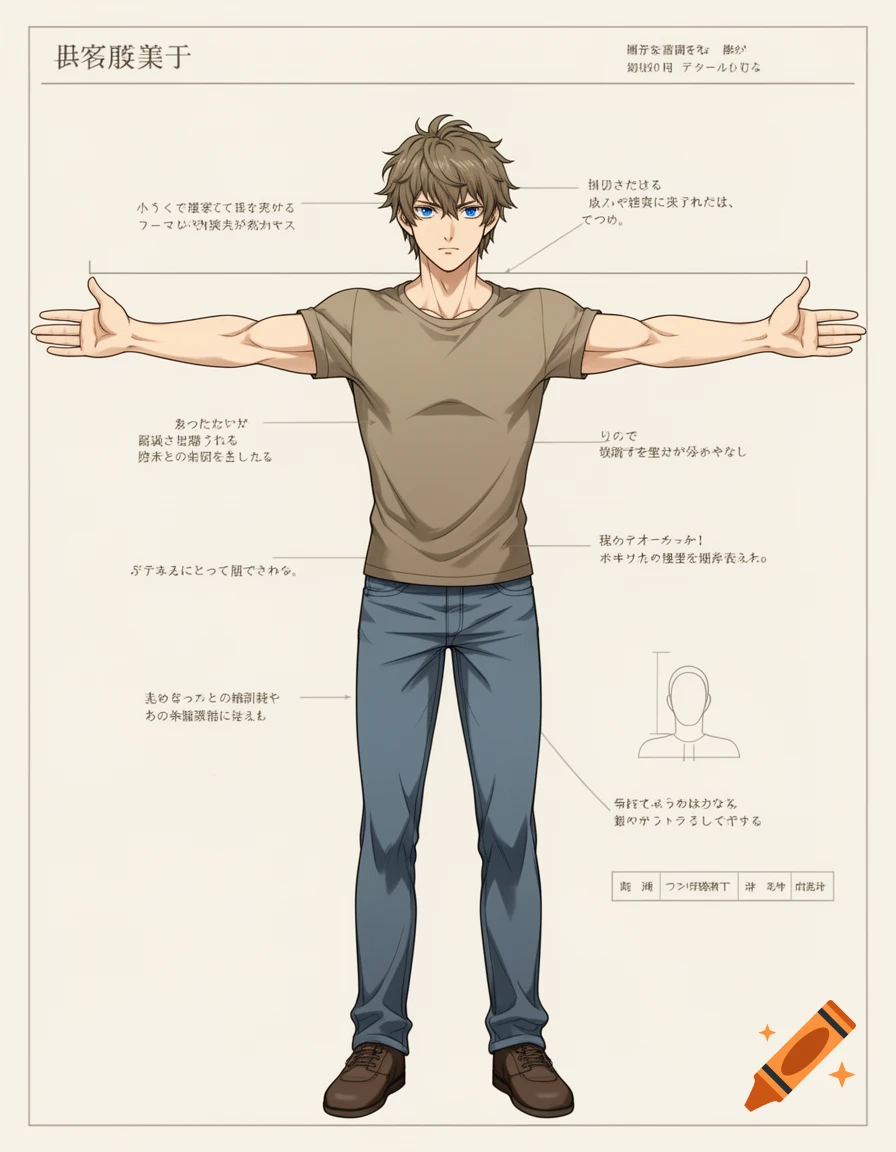 Anime-style male character reference sheet with a man in a t-shirt and jeans in a T-pose, with Japanese annotations.