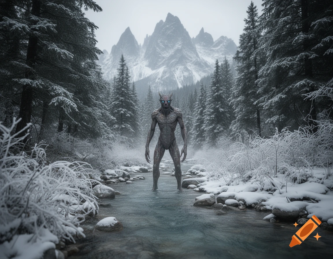 A grey-skinned monster with horns and glowing blue eyes stands in an icy river in a snowy, mountainous forest.