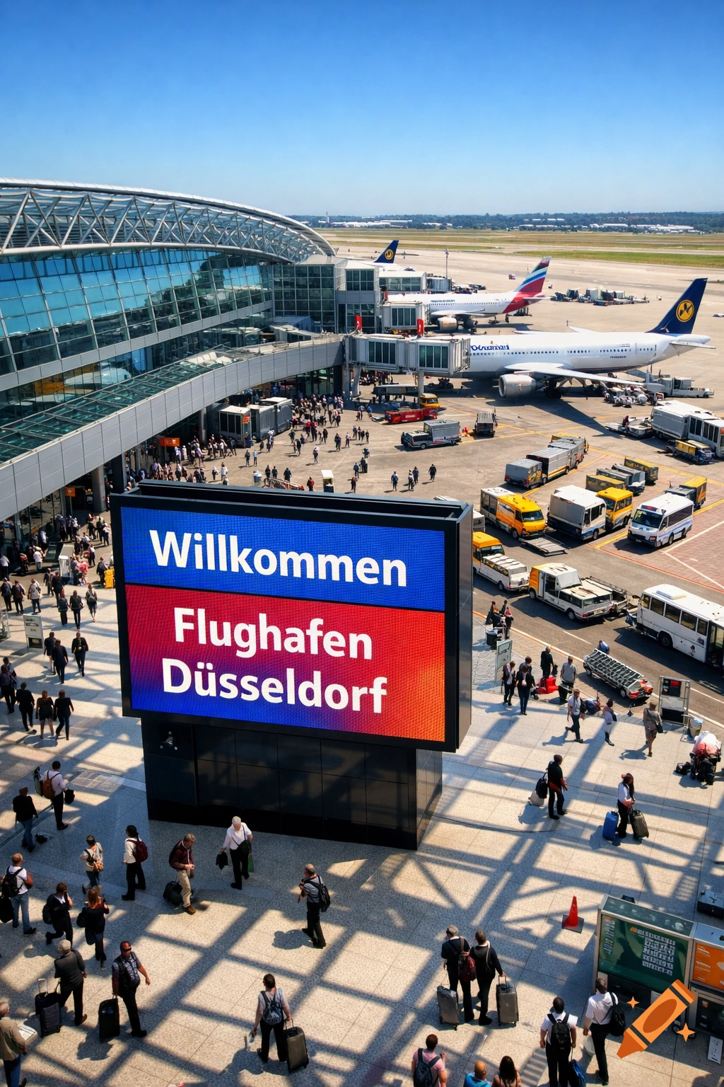 Photorealistic aerial view of Düsseldorf Airport, showcasing a terminal, airplanes, and many travelers, with a large digital 'Willkommen Flughafen Düsseldorf' sign.