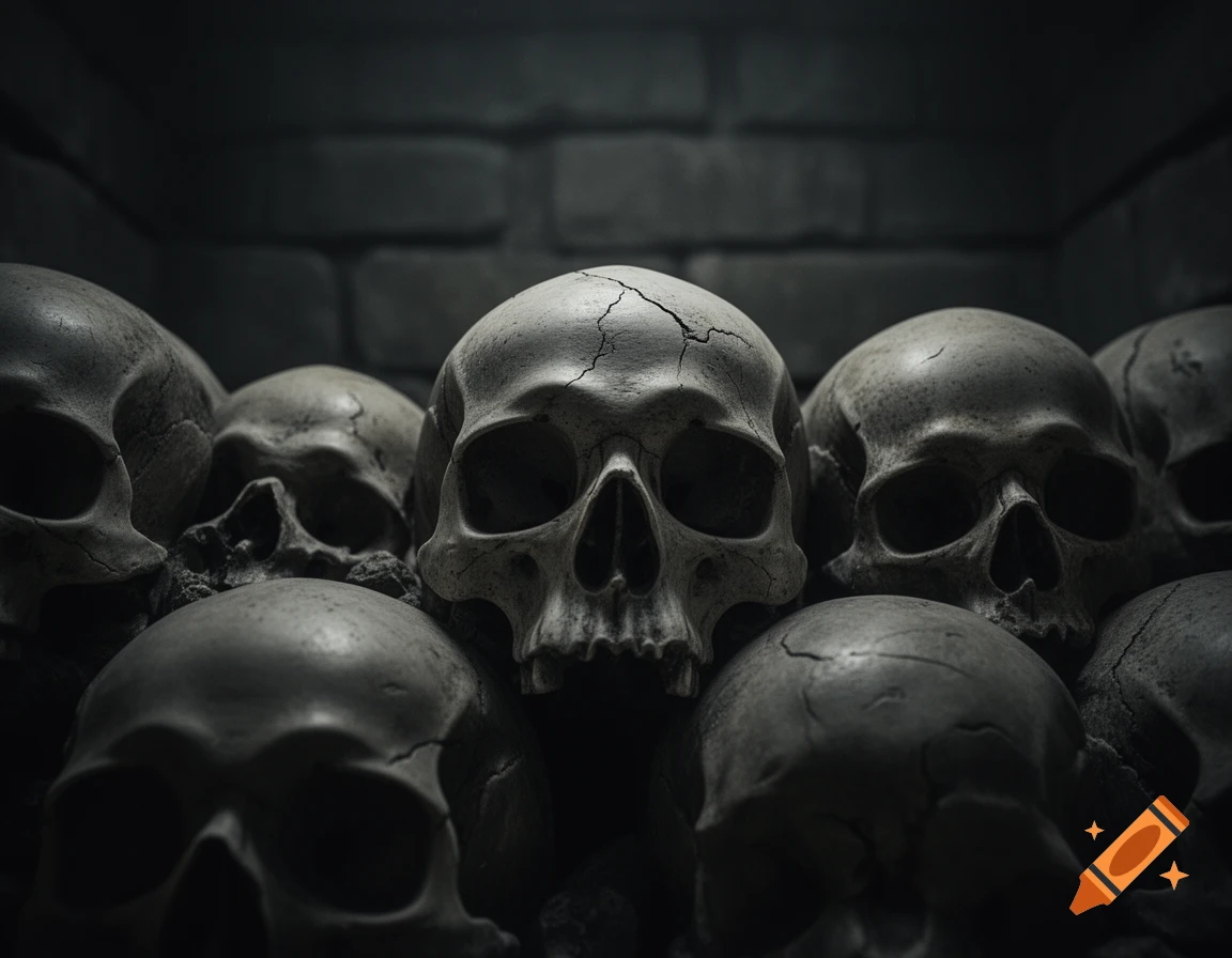 A close-up, dark, moody image of multiple weathered human skulls piled against a brick wall.