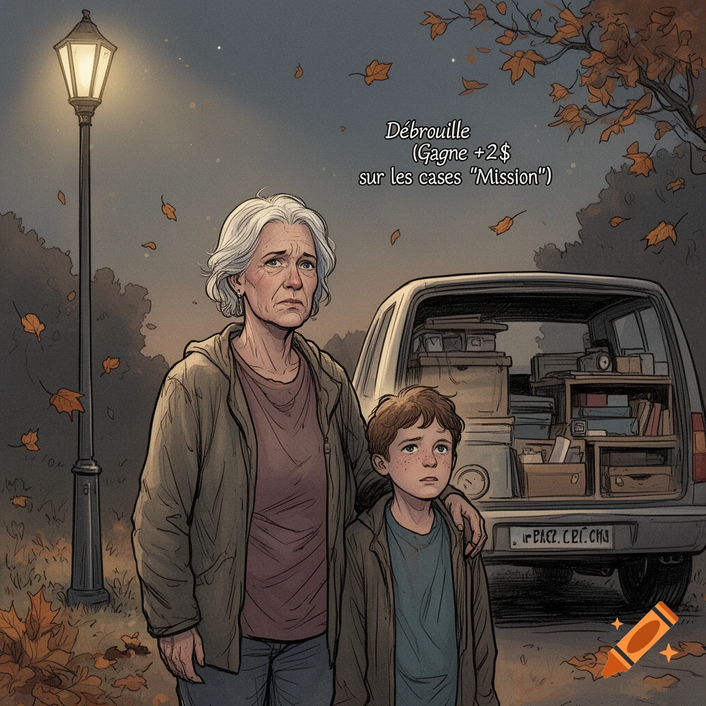 An older woman with grey hair and a young boy with freckles stand sadly beside a car packed with belongings, under a street light at dusk. Leaves fall around them.
