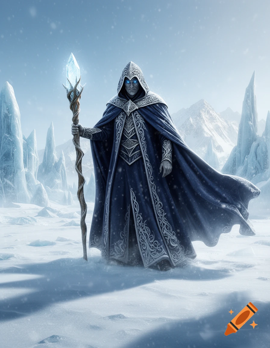 A cloaked ice wizard with glowing blue eyes holds a crystalline staff in a snowy mountain landscape.