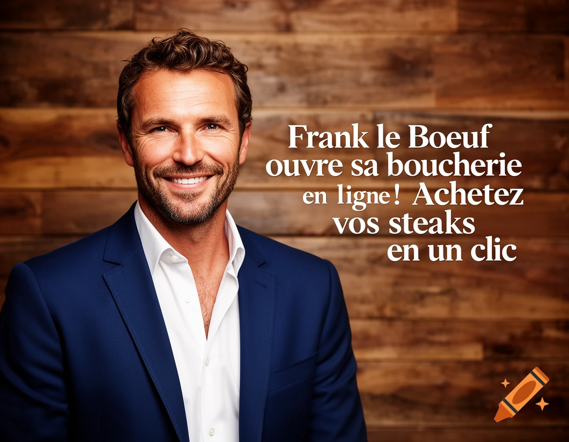 A smiling man in a blue suit and white shirt stands next to text advertising an online butcher shop, against a wooden background.