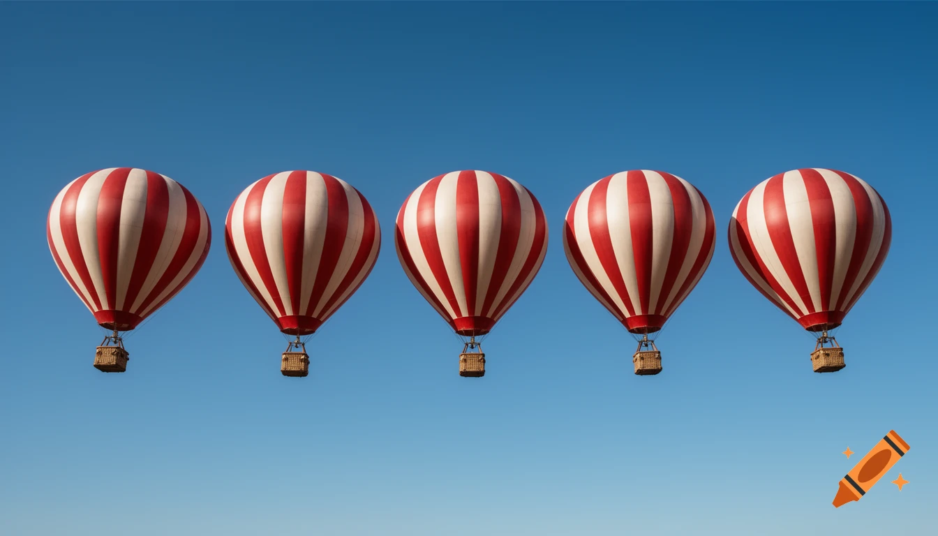 Five identical red and white striped hot air balloons flying in a horizontal line against a clear blue sky.