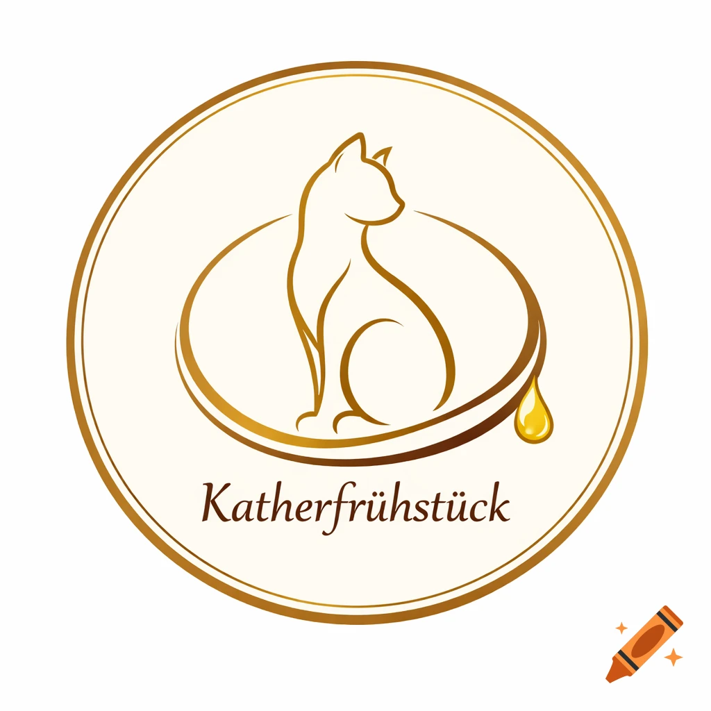 A minimalist logo with a golden outline of a cat sitting inside a circular design that includes a honey drop. The text "Katherfrühstück" is below.