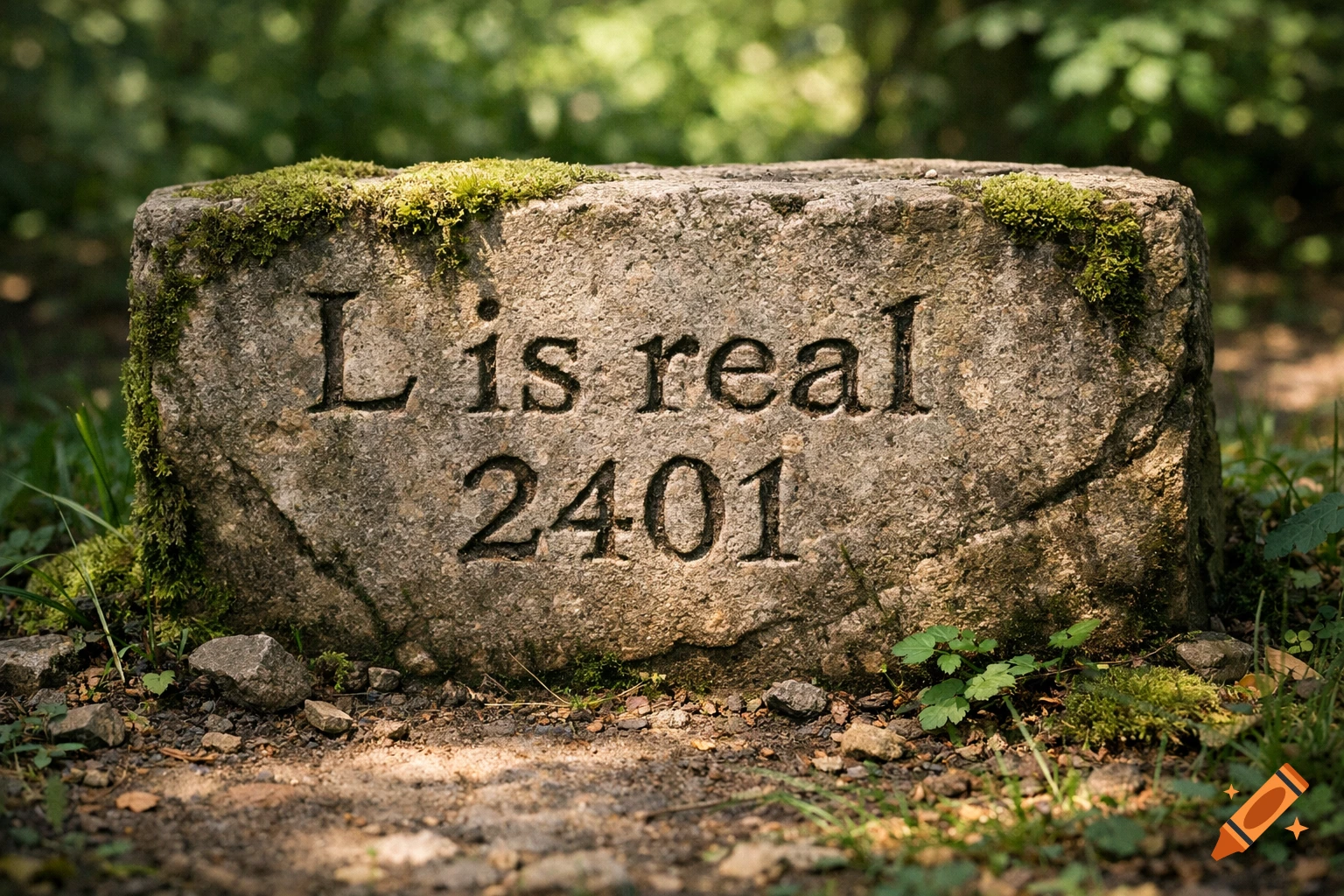 Close-up of a mossy stone block with "L is real 2401" carved into it, surrounded by foliage in a forest.