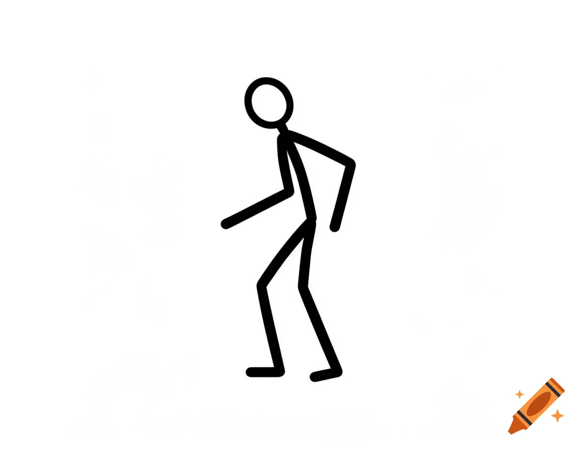 A black stick figure stands on a white background, leaning forward with arms bent.
