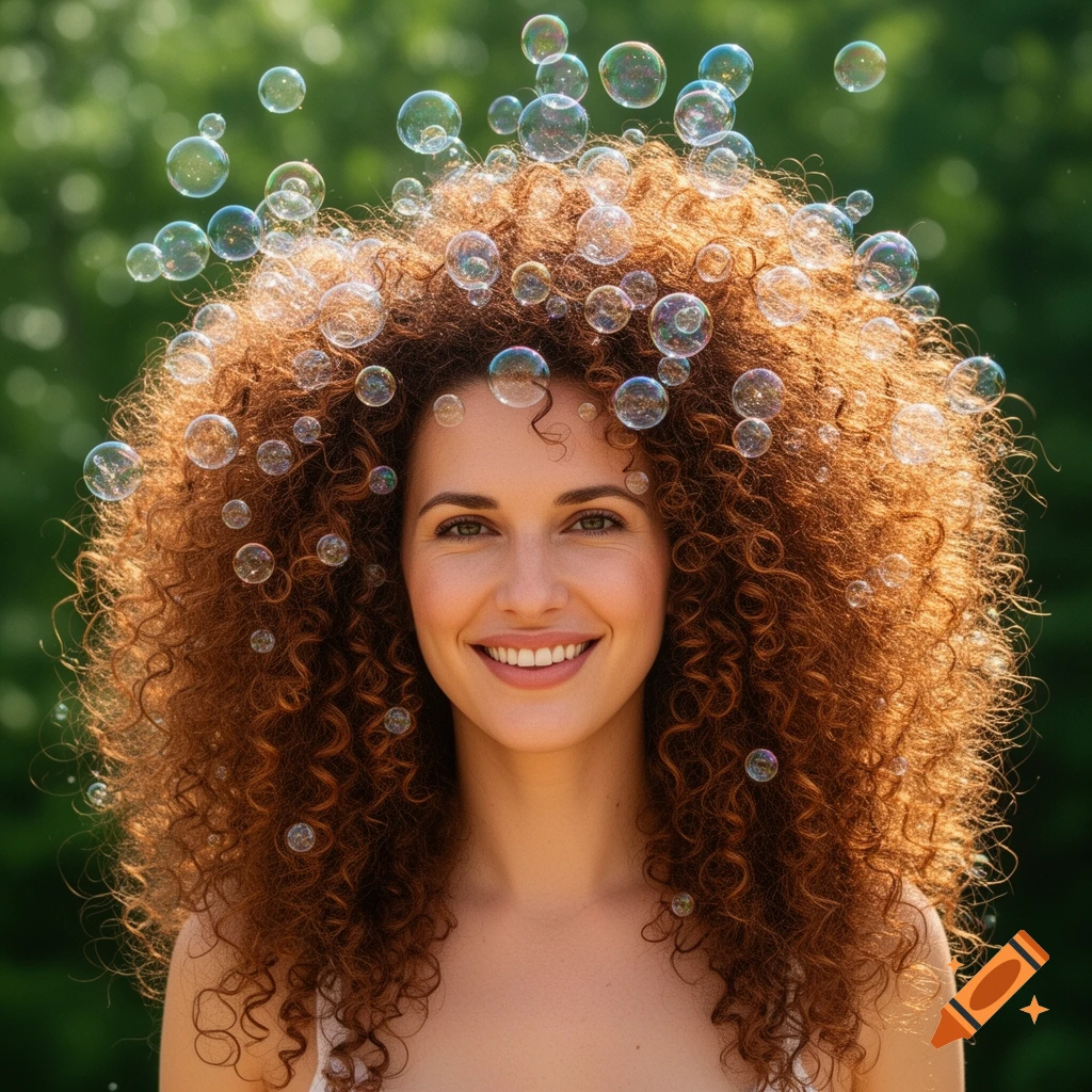 A smiling woman with voluminous curly hair has numerous soap bubbles floating around her head against a green bokeh background.