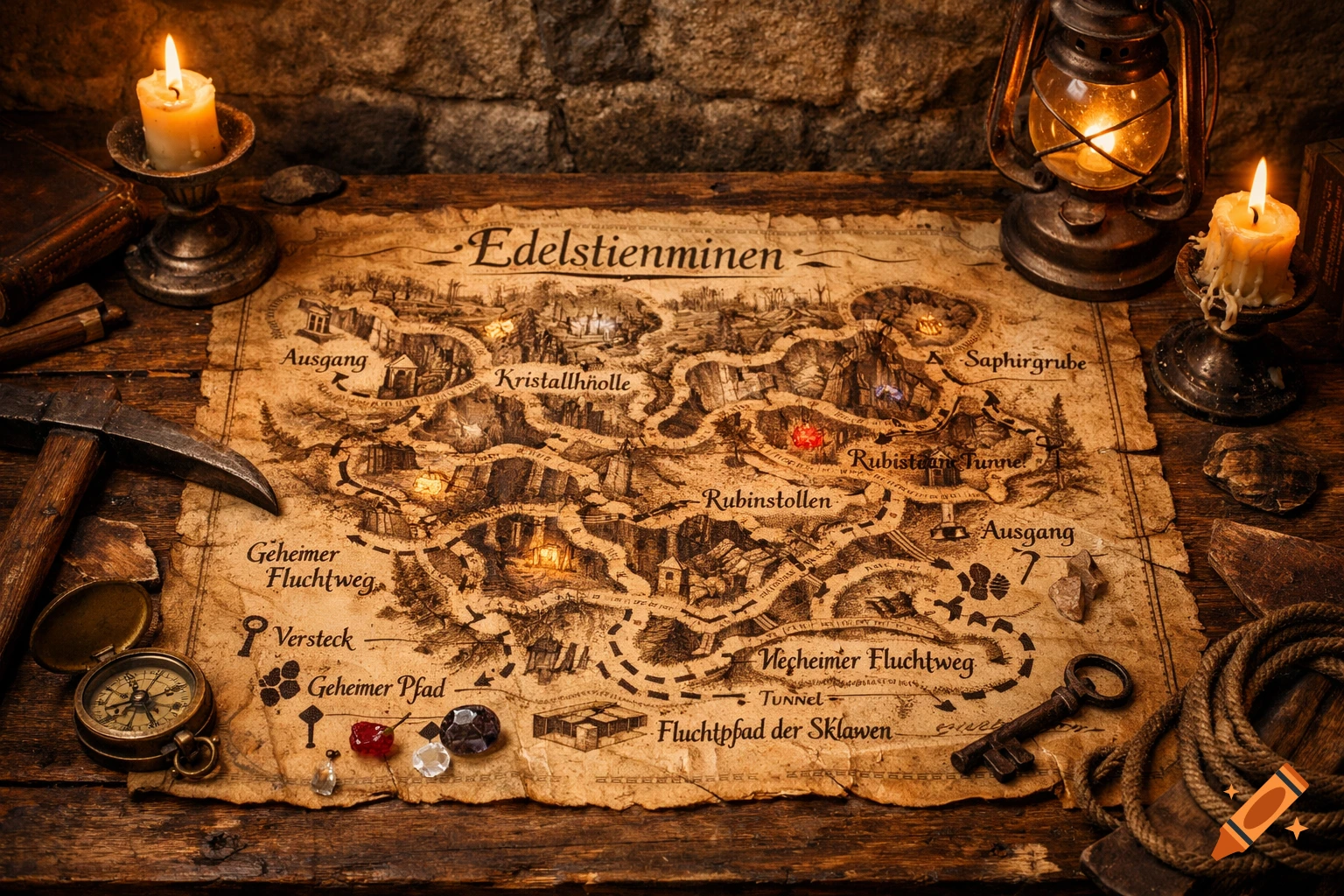 An old, crumpled treasure map of "Edelstienminen" (Gemstone Mines) lies on a rustic wooden table, illuminated by two flickering candles and an antique lantern. A pickaxe, a brass compass, colored gems, and a rope flank the map.