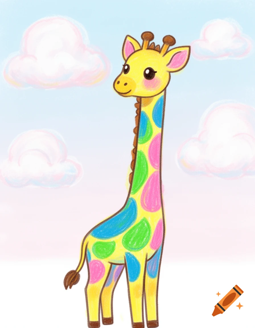 A cute yellow giraffe with pink, blue, and green spots stands under a pastel cloudy sky in a crayon style.