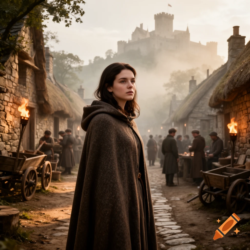 A photorealistic image of a young woman in a hooded cloak looking into the distance in a misty medieval village with a distant castle.