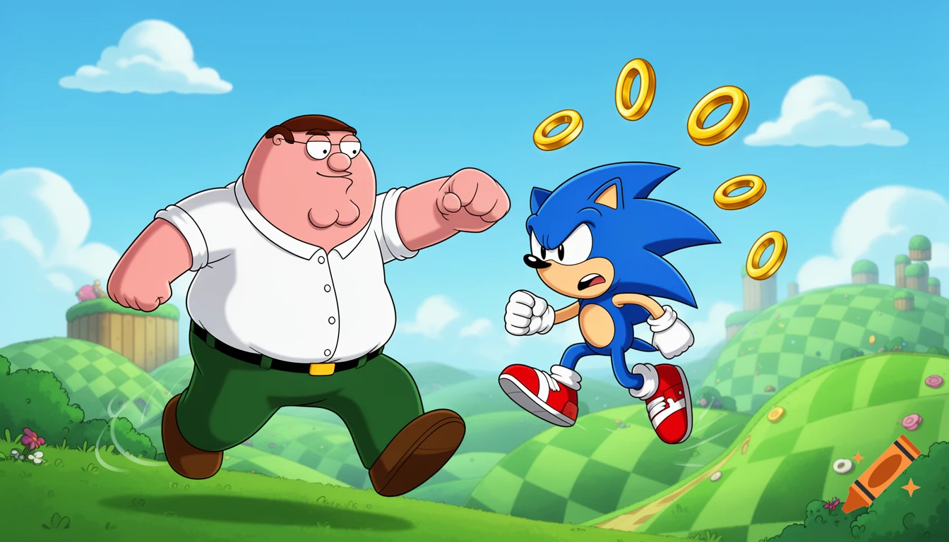 Peter Griffin punching Sonic the Hedgehog in the Green Hills Zone with floating rings, in a bright cartoon style.