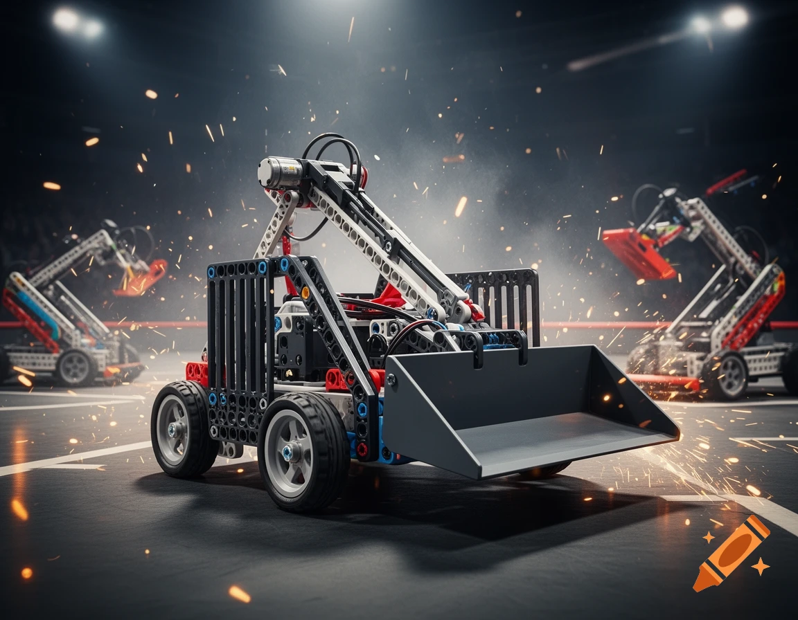 Photorealistic image of VEX robots battling in an arena with sparks.