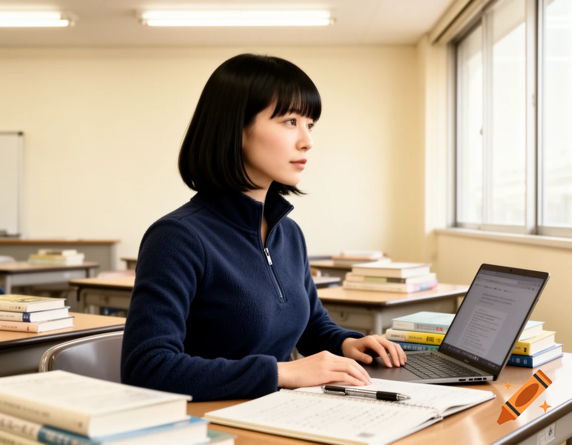 A Japanese woman with black hair sits at a classroom desk, looking away from her laptop, surrounded by books and a notebook.
