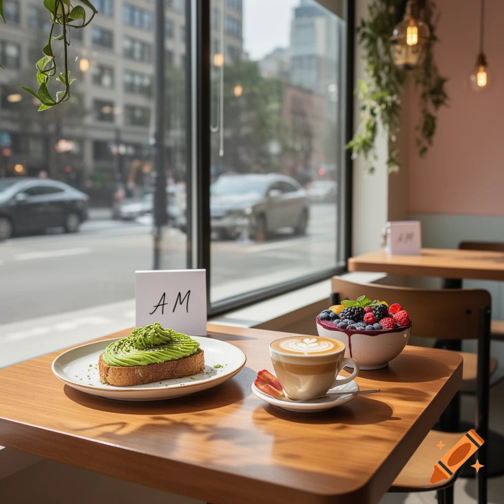 Photorealistic image of avocado toast, a berry bowl, and a latte on a cafe table by a window overlooking a city street.